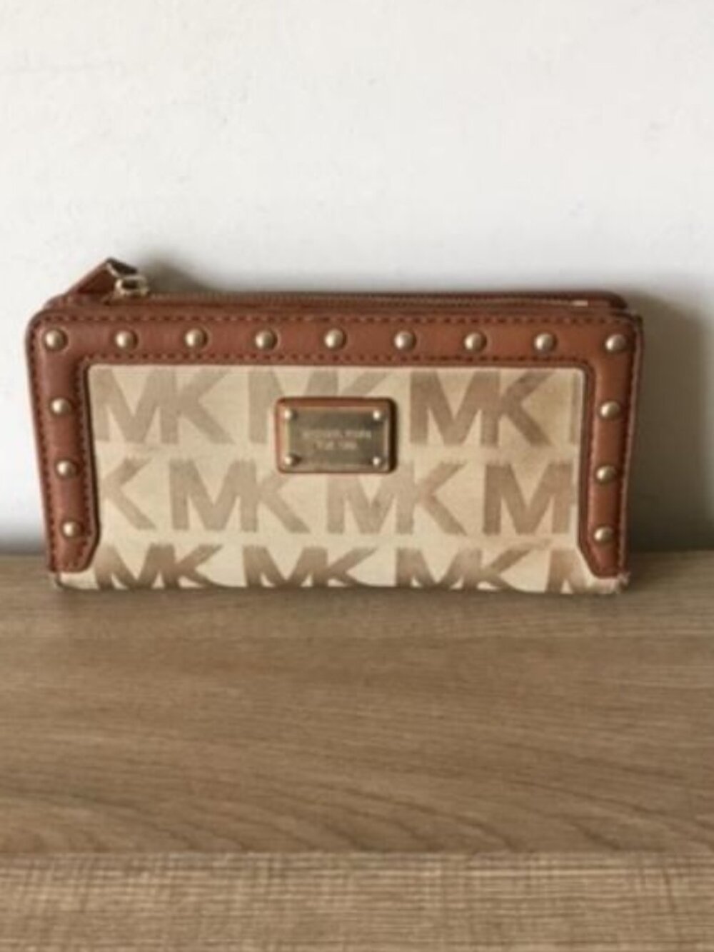 Michael Kors Delancey Continental Signature Wallet Beige Jacquard, Leather Trim